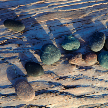 Wave rounded rocks on driftwood, Deception Pass Satate Park.
