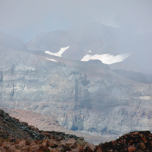 Mount Rainier in fog.