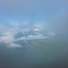 Peak in clearing fog near Granite Park Chalet, Glacier Park.